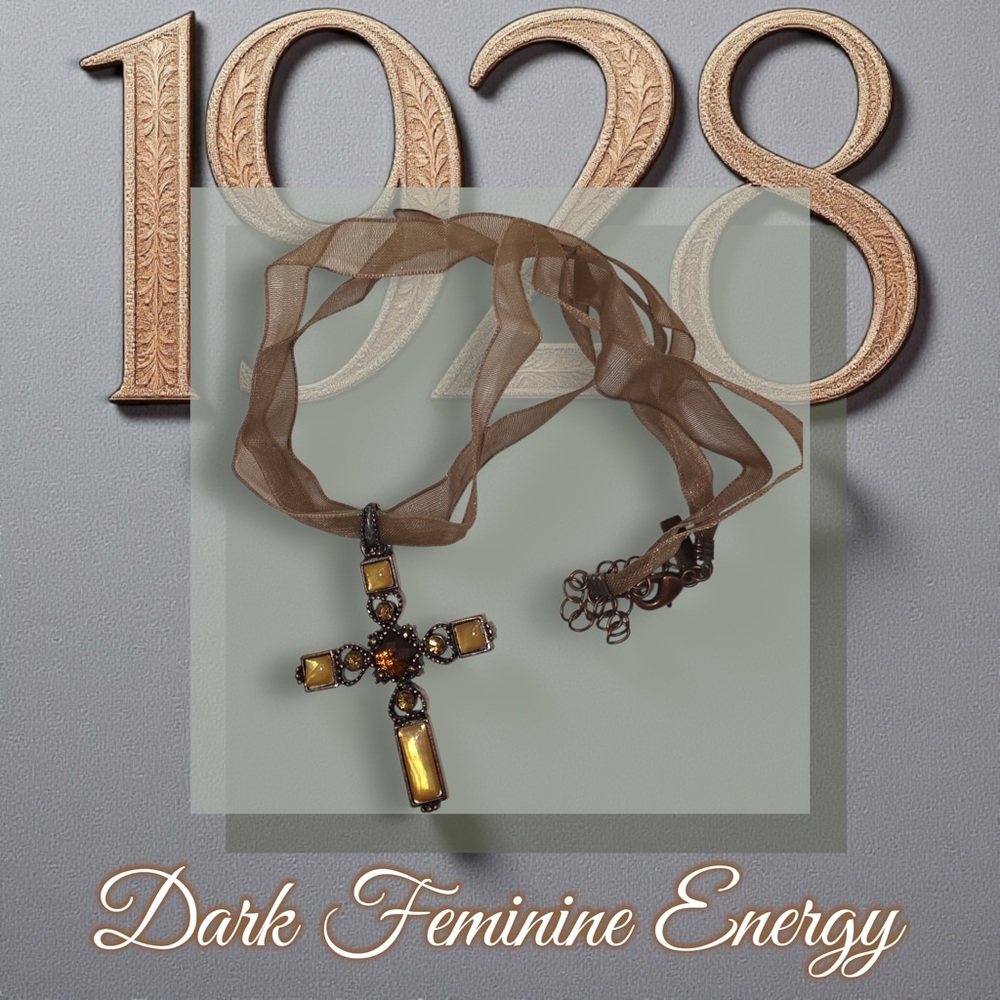 1928 Jewelry Bronze Cross Necklace Amber Glass Bohemian Ribbon Cord Vintage